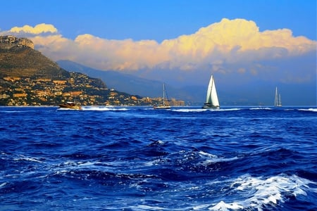 Sailing in the Mediterranean - sky, ocean, boats, clouds, blue, sailing, yachts, waves