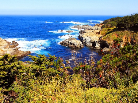 Pacific Oceanscape - coastline, blue, pacific, waves, sea, ocean, rocks