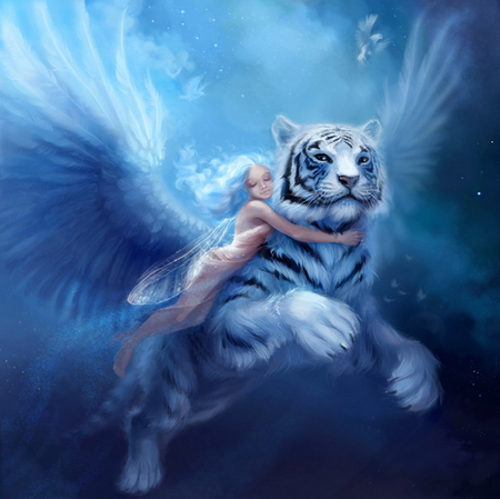 Sylph - abstract, fantasy, white tiger, fairy, sky