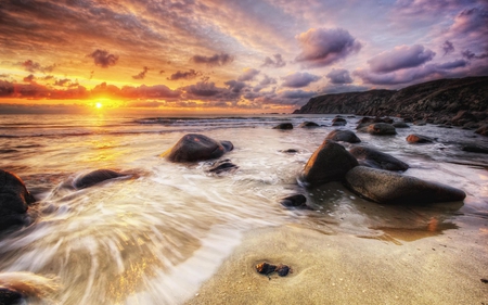 Sunset - beach, splendor, sand, view, sky, sun, clouds, sunlight, beautiful, sea, beauty, colors, lovely, ocean, colorful, nature, sunset, rays, waves, peaceful, rocks