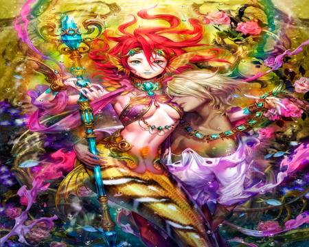 Mermaid Love - female, sweetheart, anime girl, rose, underwater, cool, pretty, underboob, cute, male, love, big breasts, sexy, staff, mermaid, mermaid love, fish