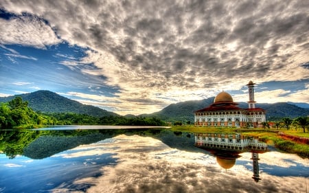 MIRROR REFLECTION - sky, building, lake, trees, reflection, clouds