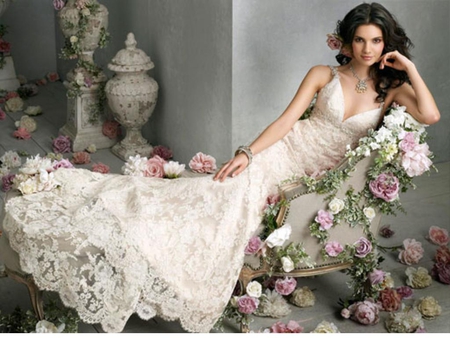 Gorgeous Bride - woman, beauty, roses, bride, vera wang, white, lounge, gorgeous, dress