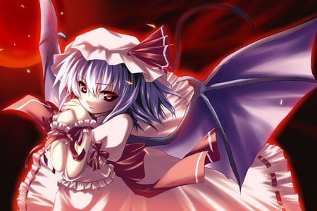 Remilia Scarlet - hat, moon, dress, girl, red eyes, short hair, touhou, blue hair, wings, remilia scarlet