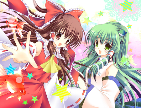 Reimu and Sanae - girls, ribbons, sanae kochiya, long hair, reimu hakurei, touhou, green hair, cute, dress