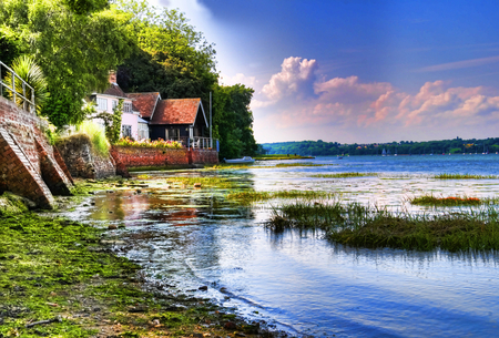 Beautiful place - beauty, cottage, sky, popular, trees, water, image, white, view, clouds, green, rivers, boat, nature, blue, vegetation, flowers, colors, river side