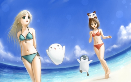 Never know what you might find at the beach - animal, pretty, cute, water, short hair, beauty, beautiful, beach, hot, ocean, long hair, bikini, sexy, anime girls, stunning, swimsuit