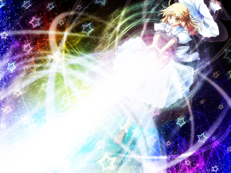 Master Spark - witch, master spark, marisa kirisame, touhou, dress, girl, blonde hair, stars