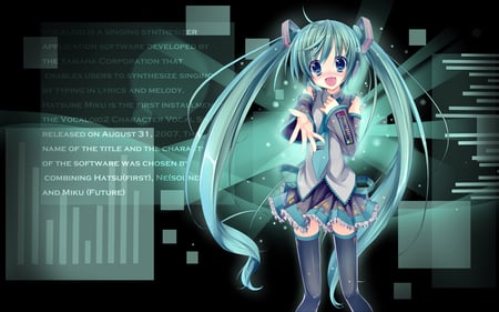 Hatsune Miku - aqua, headset, thighhighs, music, anime girl, stockings, white, art, cool, aqua eyes, artistic, hatsune miku, skirt, song, teal, vocaloids, program, vocaloid, beautiful, uniform, diva, happy, beauty, nice, twintail, singer, socks, aqua hair, black, virtual, pretty, idol, anime, green, miku, cute, girl, cg, hatsune, microphone, headphones, tie, awesome, smile, digital, gray, outfit