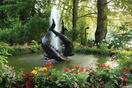 Fountain - fishes statue, fountain, park, flowers garden