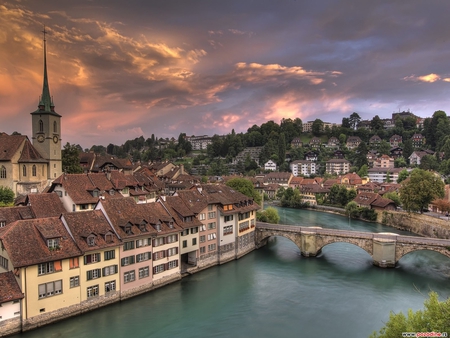 Cities River - sky, building, clouds, river, water, tree, bridge