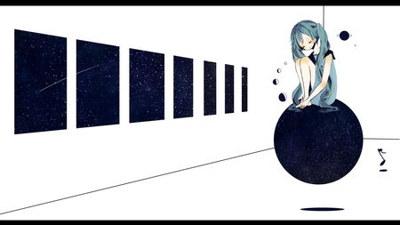 Space Infrastructure - sitting, aqua, music, room, anime girl, white, art, cool, aqua eyes, artistic, hatsune miku, song, space, vocaloids, program, vocaloid, beautiful, diva, nice, beauty, twintail, singer, aqua hair, black, virtual, pretty, idol, anime, miku, cute, moon, stars, girl, cg, hatsune, digital, awesome