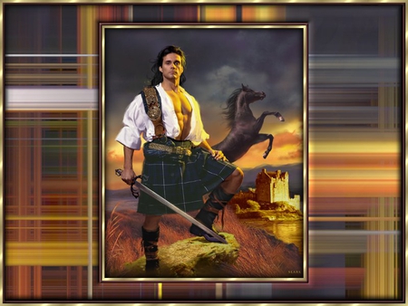 Scottish Highlander - scotman, sword, castle, book