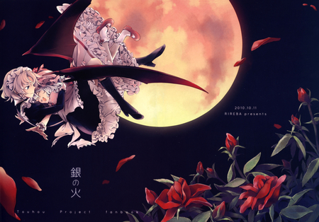 touhou - moon, girl, yelow hair, night, demos, flowers, short hair, dress