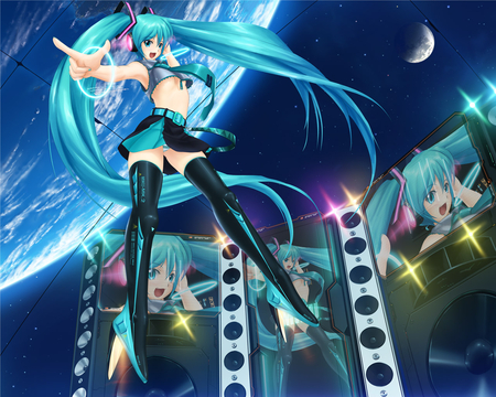 miku hatsune - moon, spacie, stars, blue eyes, music, long hair, blue hair, tv, miku, concert live