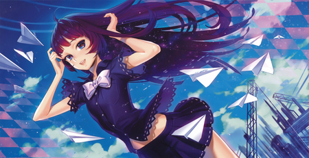 Paper Planes - anime, girl, paper planes, bow, long hair