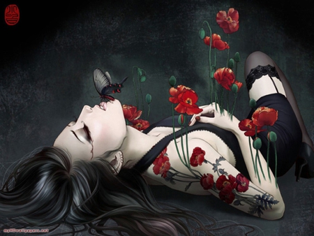 love slow - red, gilr, long hair, flowers, black hair, black, maripose