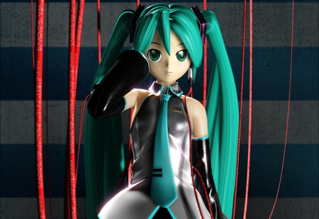 Hatsune Miku - tie, pretty, artistic, wires, realism, real, light, uniform, headphones, nice, program, beauty, virtual, cg, white, gray, cute, aqua eyes, 3d, song, outfit, vocaloid, anime, twintail, hatsune miku, microphone, music, aqua, red, hd, art, idol, anime girl, skirt, realistic, beautiful, singer, girl, cool, black, glow, miku, awesome, diva, digital, aqua hair, hatsune, vocaloids, headset