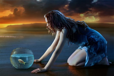 girl and fish - fantasy, picture, beautiful, girl, fish