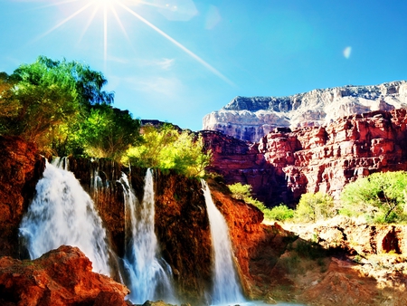 Canyon Waterfall - pc, sun, panorama, sunbeam, colorful, old rocks, amazing, paysage, sunrays, trunks, branches, nature, beautiful, leaves, stones, beauty, nice, sky, trees, photography, image, brightness, black, rocks, green, landscapes, shadows, paisage, foam, blue, scenery, awesome, lightness, gray, natural, sundown, beije, view, cool, sunny, cena, cascades, light, multi-coloured, scenario, maroon, photoshop, valley, sunshine, water, leaf, brown, multicolor, clouds, orange, rivers, scene, paisagem, day, canyons, waterfalls, plants, picture, bright, colours, cenario, colors, photo