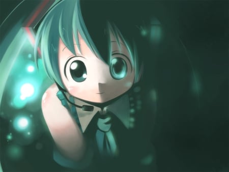 Hatsune Miku - aqua, headset, music, anime girl, white, art, cool, aqua eyes, artistic, little, hatsune miku, skirt, light, song, vocaloids, program, glow, vocaloid, beautiful, uniform, diva, beauty, nice, twintail, singer, aqua hair, black, virtual, pretty, idol, anime, miku, cute, kid, girl, cg, hatsune, microphone, headphones, tie, awesome, digital, gray, outfit