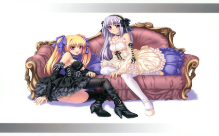 Gothic Girls - beauty, female, thigh highs, hot, gothic, blonde hair, cool, pretty, cute, black dress, sexy, anime girls, goth, white dress, hair bow, boots, chair, two girls, sweet, gothic girls