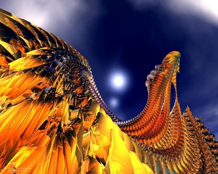 Bird's Eye view - curves, bird, gold, orange, yellow, abstract, blue