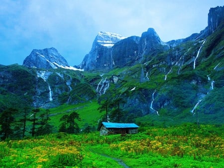 Landscape - clouds, house, trees, beautiful, landscape, grass, colors, flowers, path, nature, green, mountains, cottage, sky