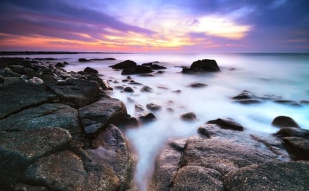 Sunset - clouds, beautiful, sea, colors, ocean, sunset, nature, sky, rocks