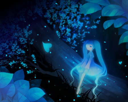 Miku in the Dark - nice, brillante, append, straights, hair, lives, pretty, dark, from, miku, cute, short, stars, light, hatsune, vocaloids, vocaloid, blue, sweet, fairy, long, dress