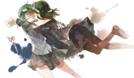 Two Gumi - vocaloid, blue, brown, eyes, dress, short, blac, skirt, from, hair, duplicate, gumi, megpoid, white, shirt, and, glasses, green, background, vocaloids