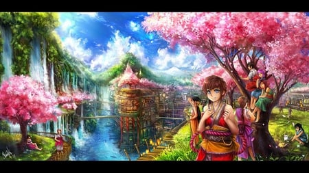 sakura_season - lake, sky, trees, girl, fantasy, paint, bright, art, sakura, clouds, boy, anime, house, grass