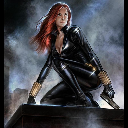 Black Widow - beauty, style, gun, redhead, girl, hair, black, red hair, widow, pretty, adventure, action