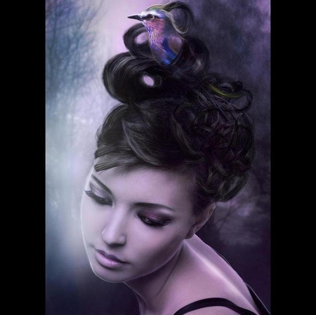 Libre - pretty, bird, female, sensual, girl, eye, beauty, hair, cg, fantasy, purple, nest, face, art