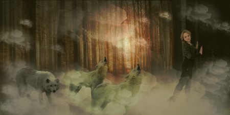 girl_with_wolves - wolves, girl, dark, forest, fantasy