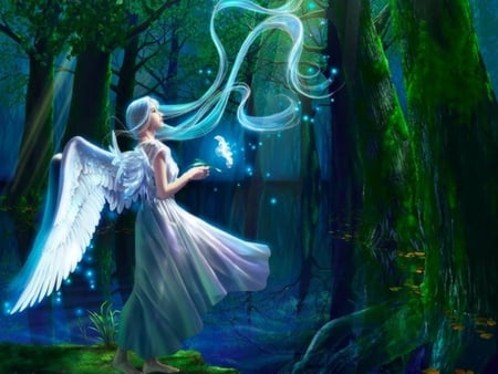 Fantasy girl - girl, glowing, forest, angel