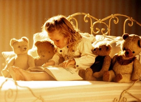 Our first friends(for Tatjana) - bed, bears, pic, image, book, childhood, first, kid, stuffed toys, girl, toys, wallpaper, child, picture, reding, wall, friends, bedroom, teddies, teddy bear, friend