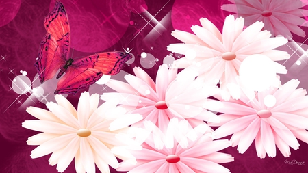 Brightness of Pinks - bokeh, summer, daisy, bright, butterfly, gerbera, flowers, sparkles, firefox persona