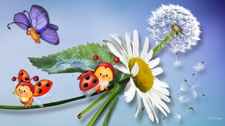 A Bugs Life - whimsical, lady bug, ladybug, butterfly, bug, fluff, dandelion, blue, firefox persona, flower