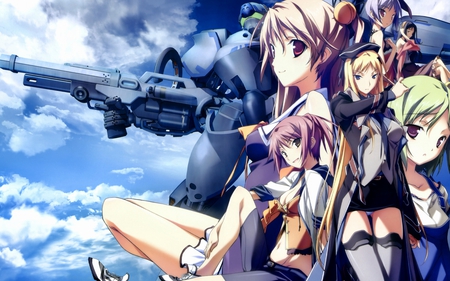 Anime - gun, girls, beauty, sky, anime, cute, short hair, dress