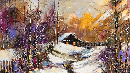 Country Winter II - house, trees, winter, cabin, snow, fence, firefox persona, home, fall, autumn, painting, cold