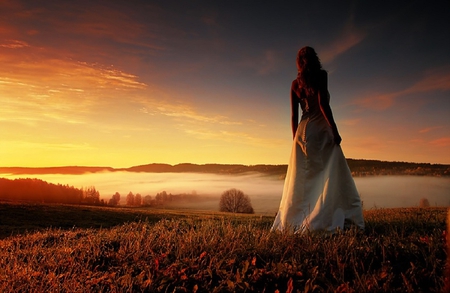 Missing You - clouds, beautiful, photography, girl, beauty, sunrise, morning, misty, mist, woman, field