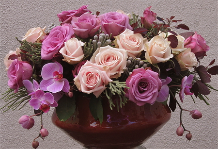 Flowers - vase, flowers, roses, purple, nature, pink, bouquet