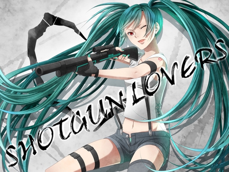 Shotgun Lovers - aqua, hot, thighhighs, music, anime girl, white, art, cool, shorts, artistic, hatsune miku, sexy, song, vocaloids, program, vocaloid, beautiful, shotgun, diva, nice, beauty, twintail, singer, aqua hair, black, virtual, red eyes, pretty, idol, anime, miku, cute, girl, sight, aim, cg, hatsune, red, weapon, digital, awesome