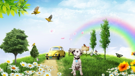 Rainbow Day - clouds, trees, birds, dog, pup, bug, flowers, volkswagon, rainbow, butterfly, field, sky, beetle