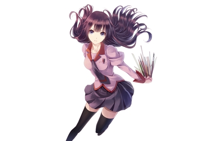 Bakemonogatari - senjogahara hitagi, white, weapon, long hair, purple hair, uniform, blue eyes