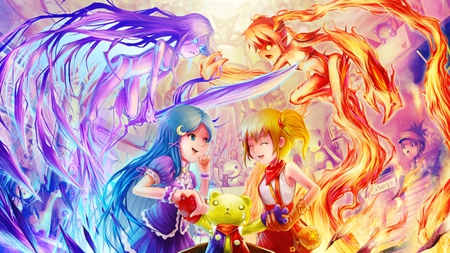 Teddy Bear War - aqua, hot, music, anime girl, yellow hair, fire, white, art, yellow, cool, kagamine, orange hair, hair clip, aqua eyes, artistic, hatsune miku, sexy, kagamine rin, song, vocaloids, program, war, vocaloid, beautiful, uniform, teddy, teddy bear, diva, dress, happy, beauty, nice, toy, twintail, singer, aqua hair, black, virtual, pretty, rin, idol, anime, smirk, miku, cute, moon, mad, girl, bear, gold, cg, hatsune, red, blue, awesome, digital, blonde, outfit