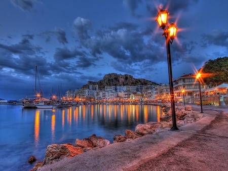 Beautiful Evening - summer, romantic, romance, harbour, sailboats, marina, sailing, holiday, house, lanterns, road, beauty, colors, architecture, stones, boats, nature, lights, sailboat, building, alley, blue, town, boat, evening, splendor, landscape, reflection, car, view, greece, port, houses, sky, clouds, trees, beautiful, sea, buildings, tree, colorful, stairs, peaceful