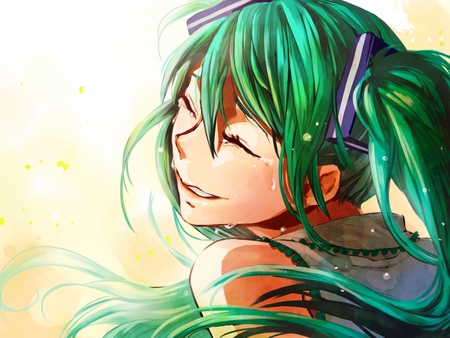 Hatsune Miku - pretty, artistic, pink, light, uniform, sweat, nice, sunlight, program, sunshine, beauty, virtual, cg, white, green, cute, aqua eyes, voclaoids, song, outfit, vocaloid, anime, blue, twintail, hatsune miku, music, aqua, closed eyes, art, sun, idol, anime girl, beautiful, singer, girl, cool, black, glow, miku, awesome, diva, digital, aqua hair, hatsune