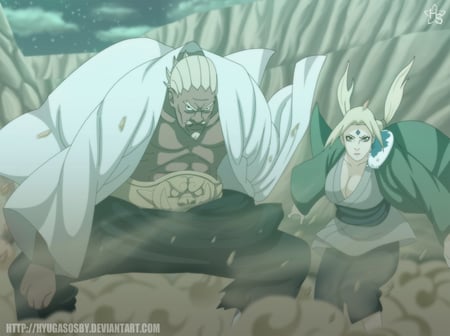 Kages - anime, hills, tsunade, strong, stop, kages, angry, naruto, land, fight, raikage, rocks, japanese